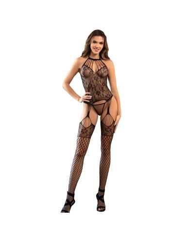 Subblime - 952136 bodystocking crotchless de rejilla con detalles florales y cuello halter negro talla Única