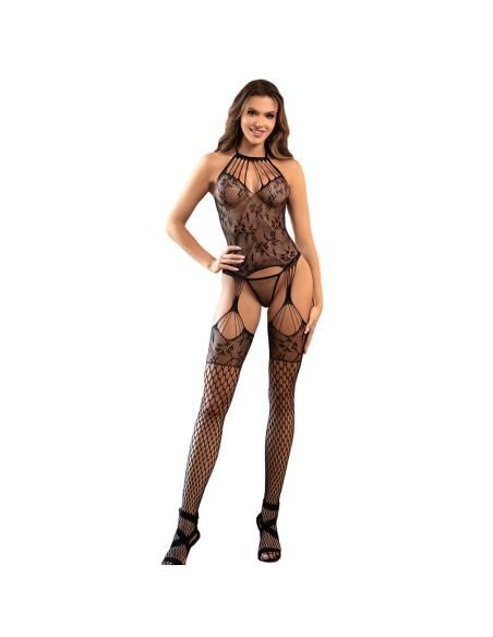 Subblime - 952136 bodystocking crotchless de rejilla con detalles florales y cuello halter negro talla Única