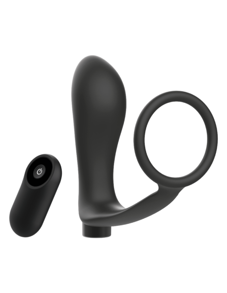 Addicted toys - anilla pene con plug anal control remoto negro recargable