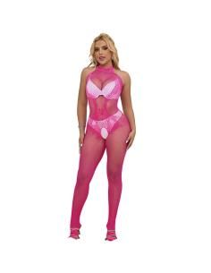Subblime - 952389 bodystocking crotchless de rejilla y encaje con cuello alto rosa talla Única