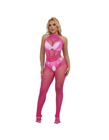 Subblime - 952389 bodystocking crotchless de rejilla y encaje con cuello alto rosa talla Única