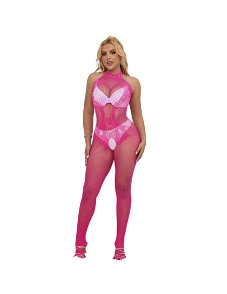 Subblime - 952389 bodystocking crotchless de rejilla y encaje con cuello alto rosa talla Única