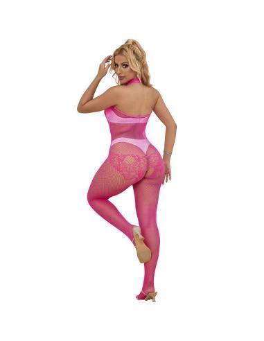 Subblime - 952389 bodystocking crotchless de rejilla y encaje con cuello alto rosa talla Única
