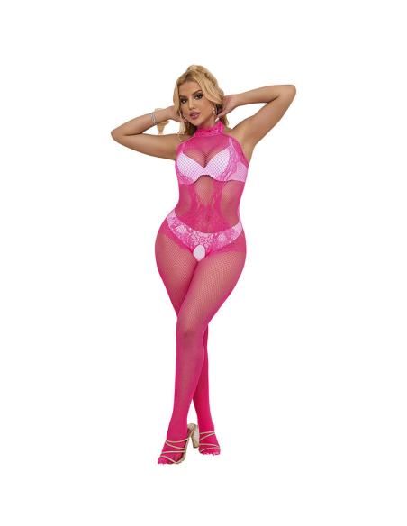 Subblime - 952389 bodystocking crotchless de rejilla y encaje con cuello alto rosa talla Única